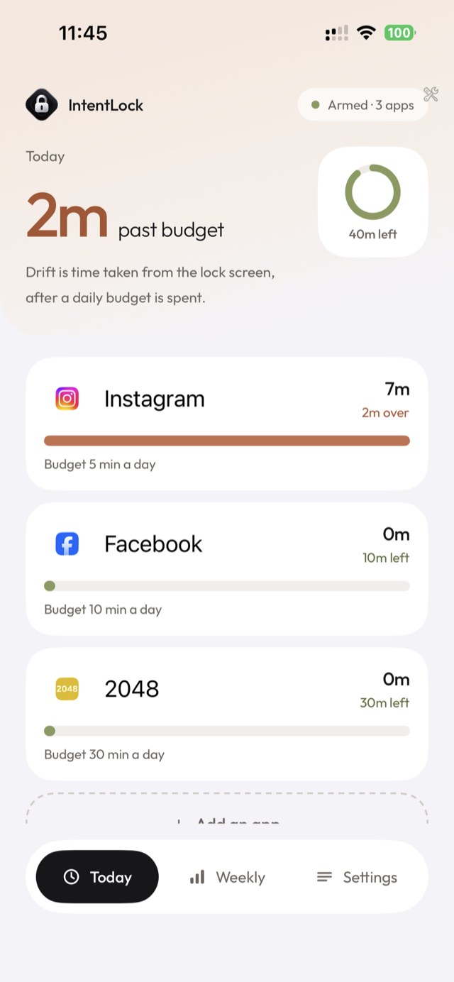 IntentLock, today's budget screen