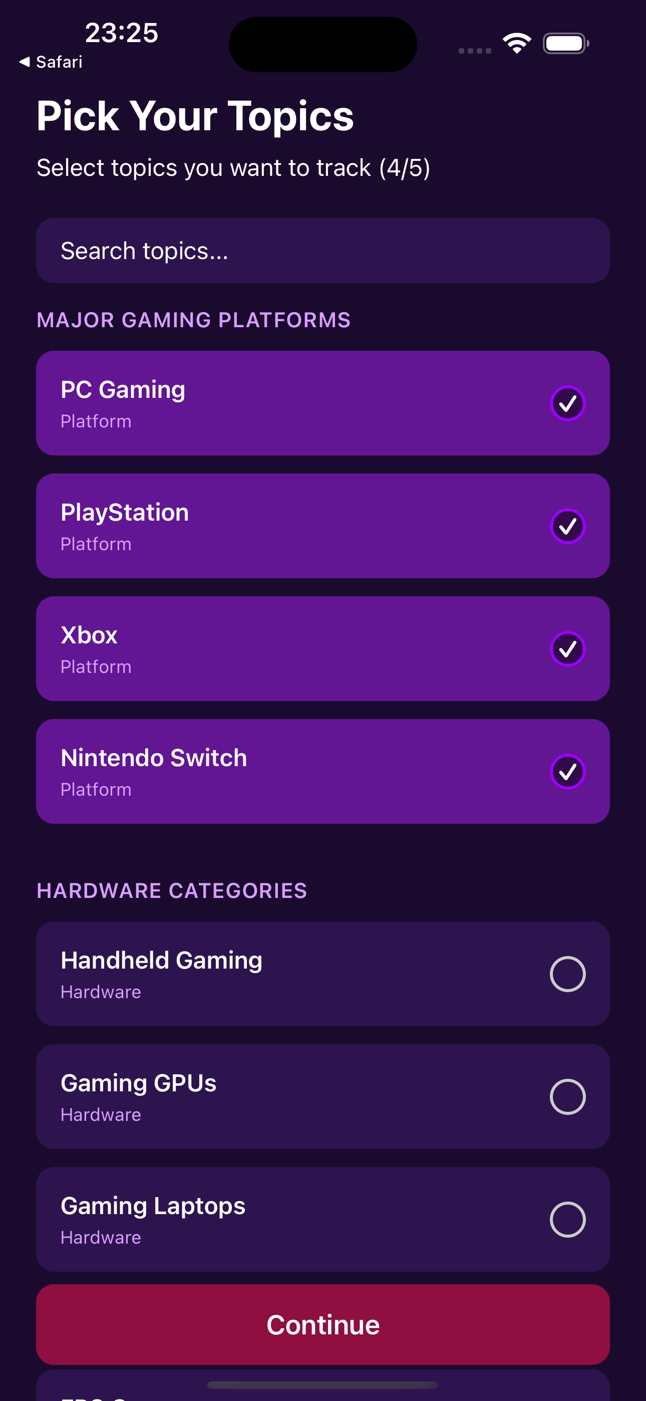 Gaming Radar choose topics screen