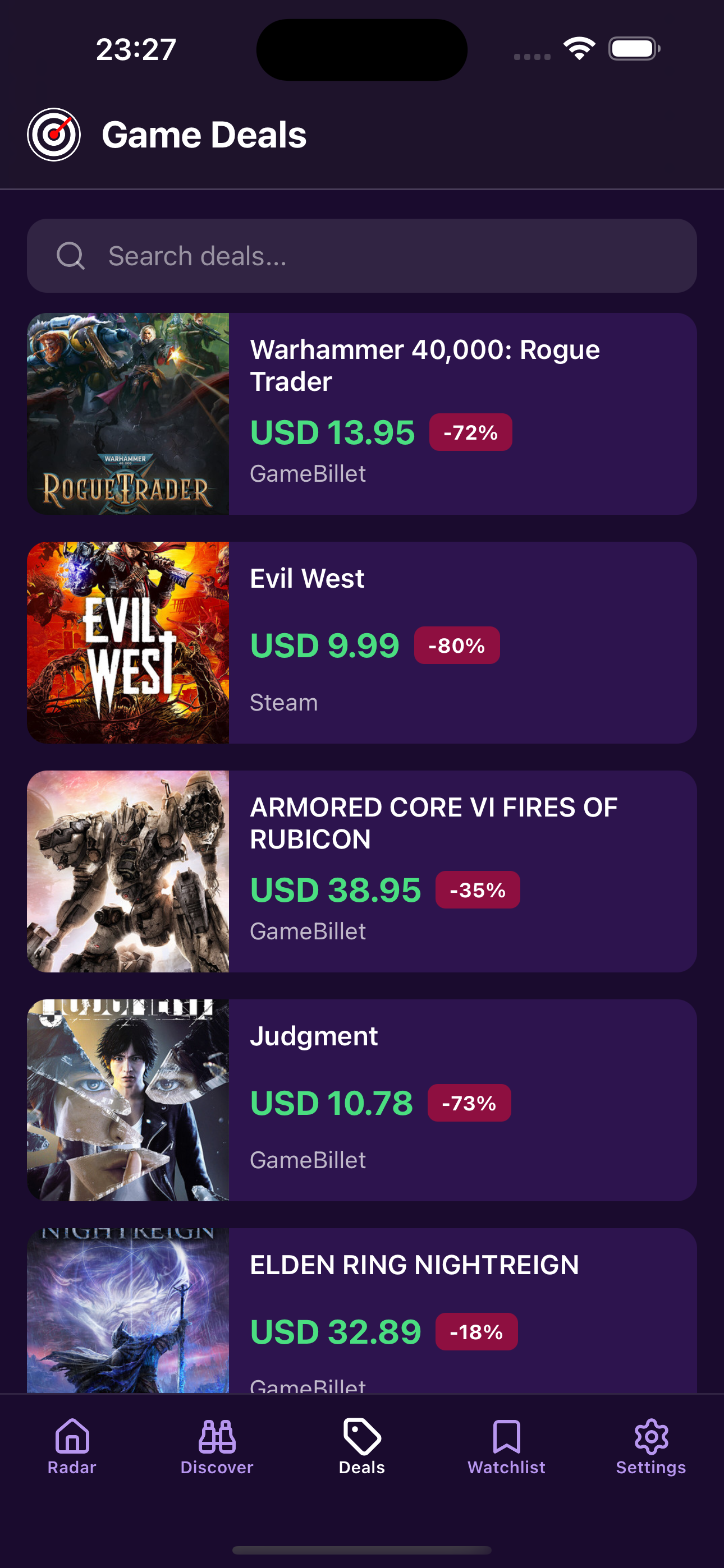Gaming Radar deals tracking screen