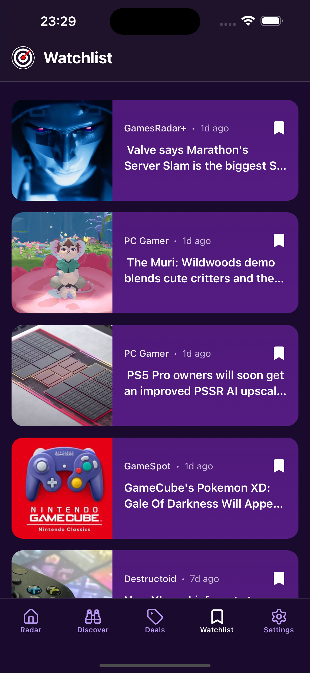 Gaming Radar article bookmarks screen